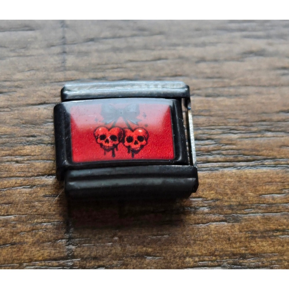 Black Stainless Steel Italian Charm Link Red Skull Cherries Black Bow 9mm